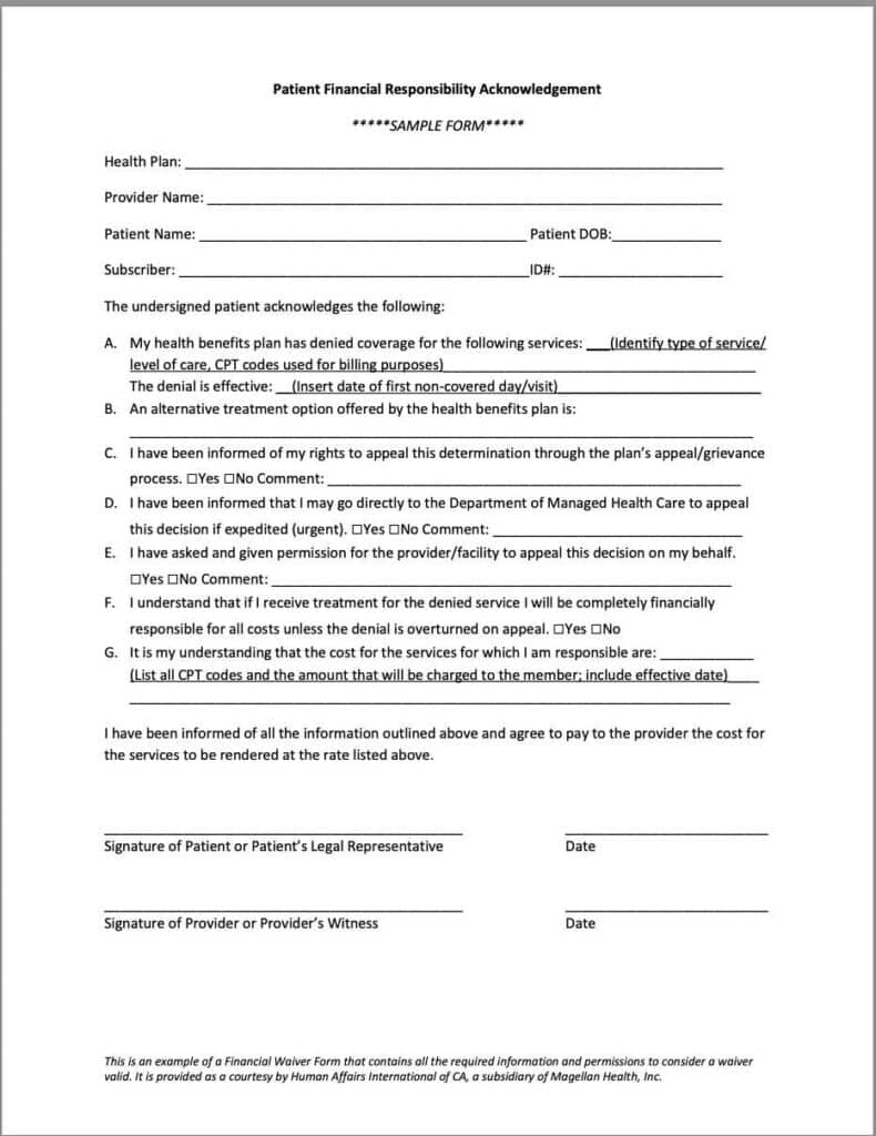 Patient Financial Responsibility Acknowledgement - Sample Form