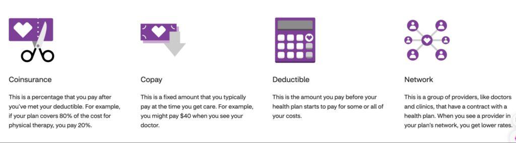 Icons representing coinsurance, copay, deductible, and network. Explains out-of-pocket costs like payment percentages, fixed fees, deductibles, and provider networks for teen mental health care in CA.