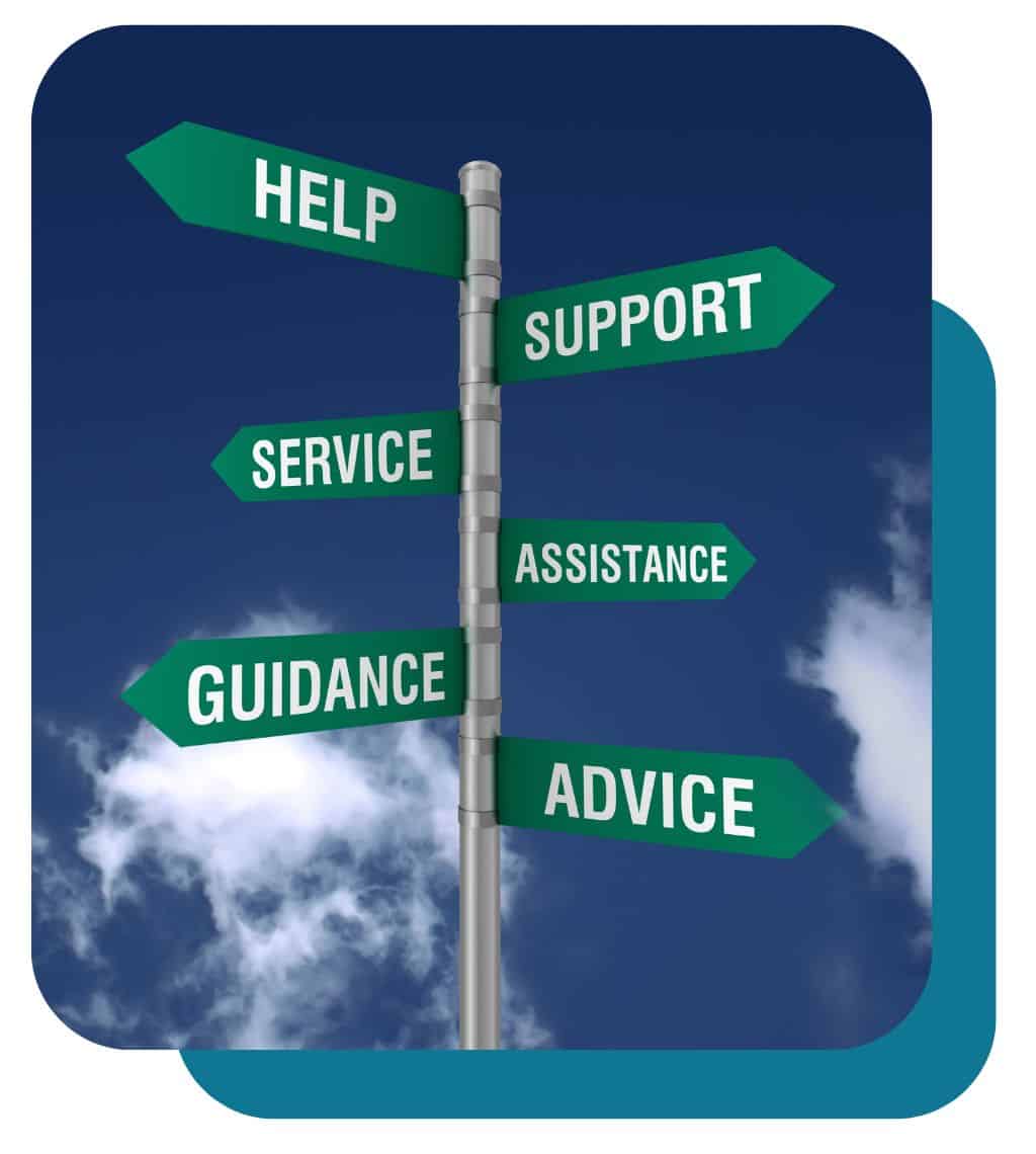 A signpost with green directional signs labeled 'Help,' 'Support,' 'Service,' 'Assistance,' 'Guidance,' and 'Advice,' set against a clear blue sky. This image symbolizes Key Healthcare’s comprehensive mental health and recovery services, offering personalized support, guidance, and assistance for adolescents and their families.
